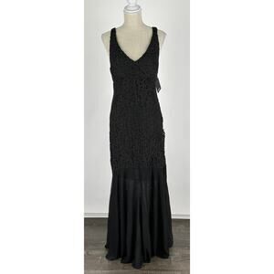 Marina Womens Lace V Neck Maxi Formal Dress Size 16 Black New Cut Out Back